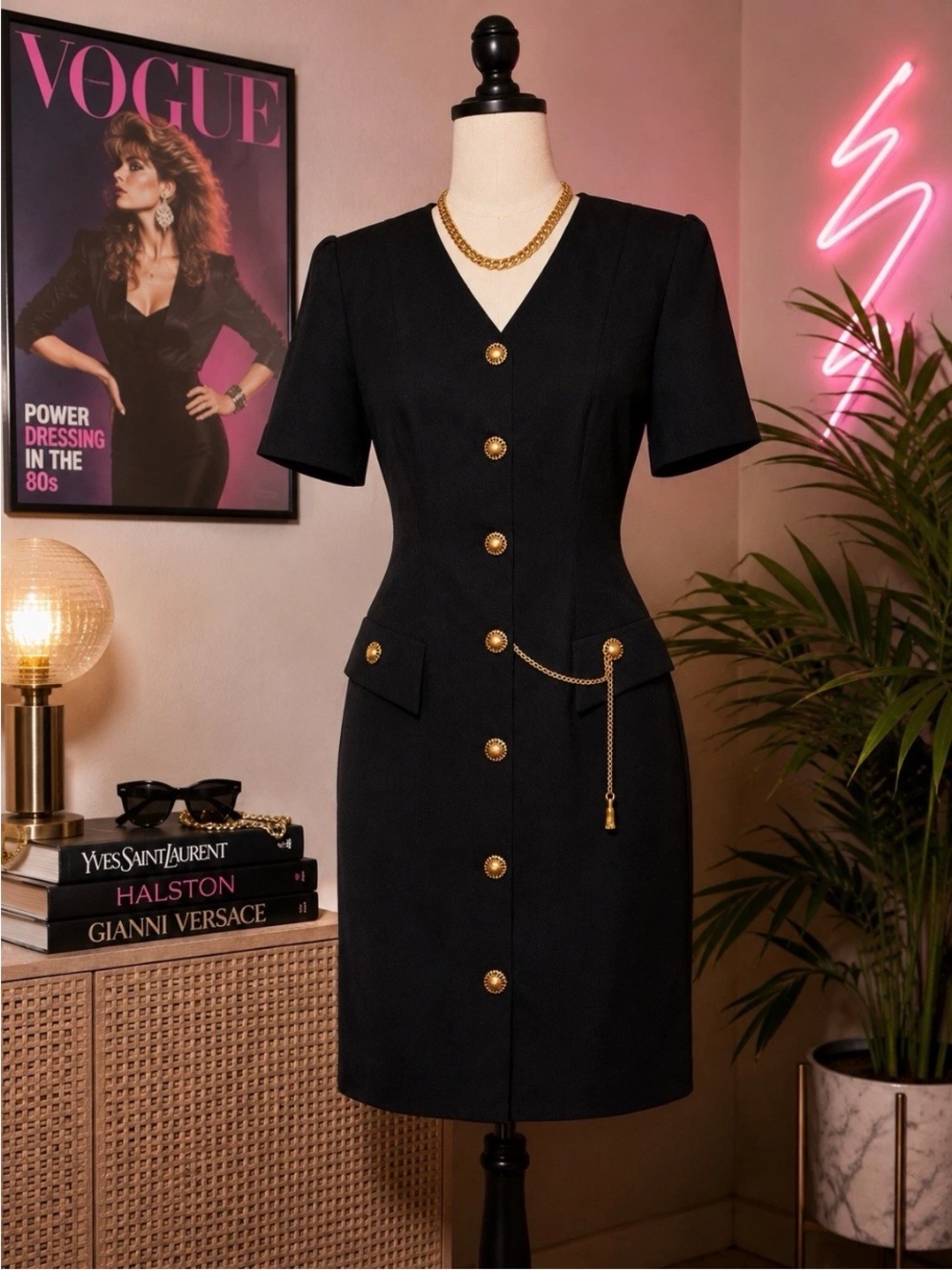 Vintage 80s John Roberts Black Gold Button Chain Sheath Dress Womens Sz 7/8 1980